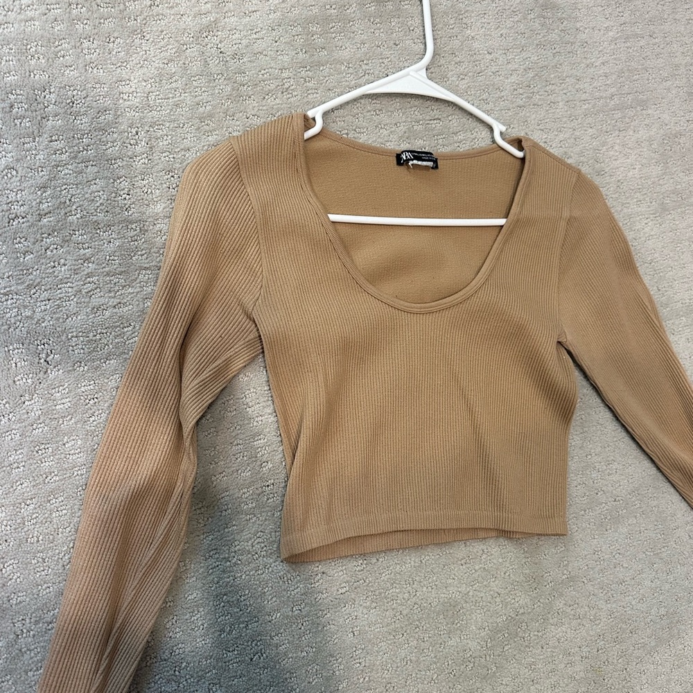 Zara Tan Ribbed Scoop Neck Blouse